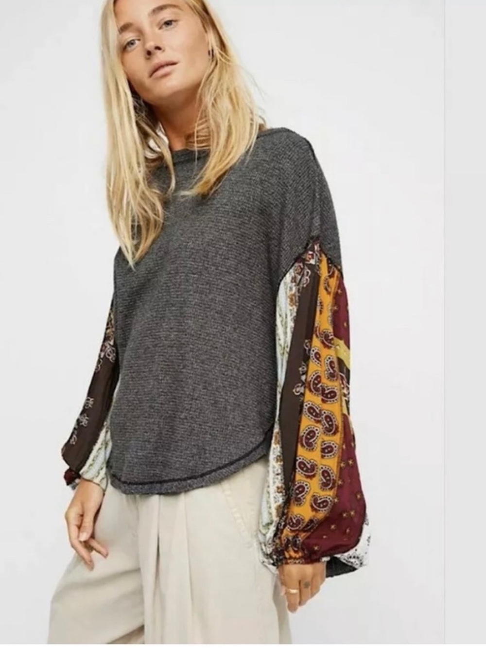 Free People We The Free Blossom Thermal Mixed-Print Balloon Sleeves Top